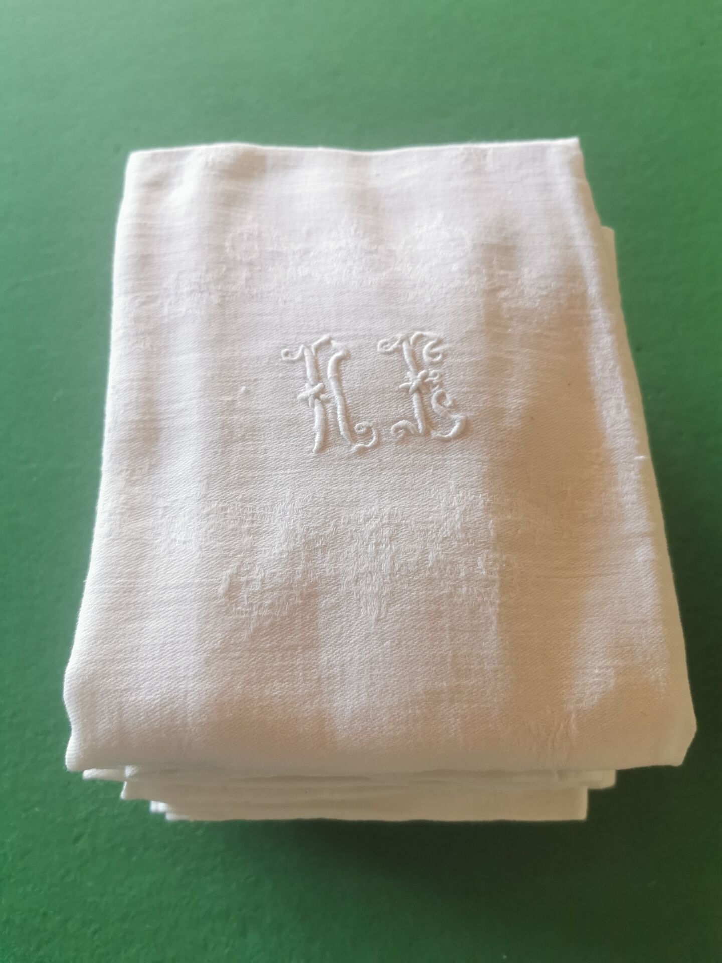 12 old damask linen napkins with monogram, 60x74 cm