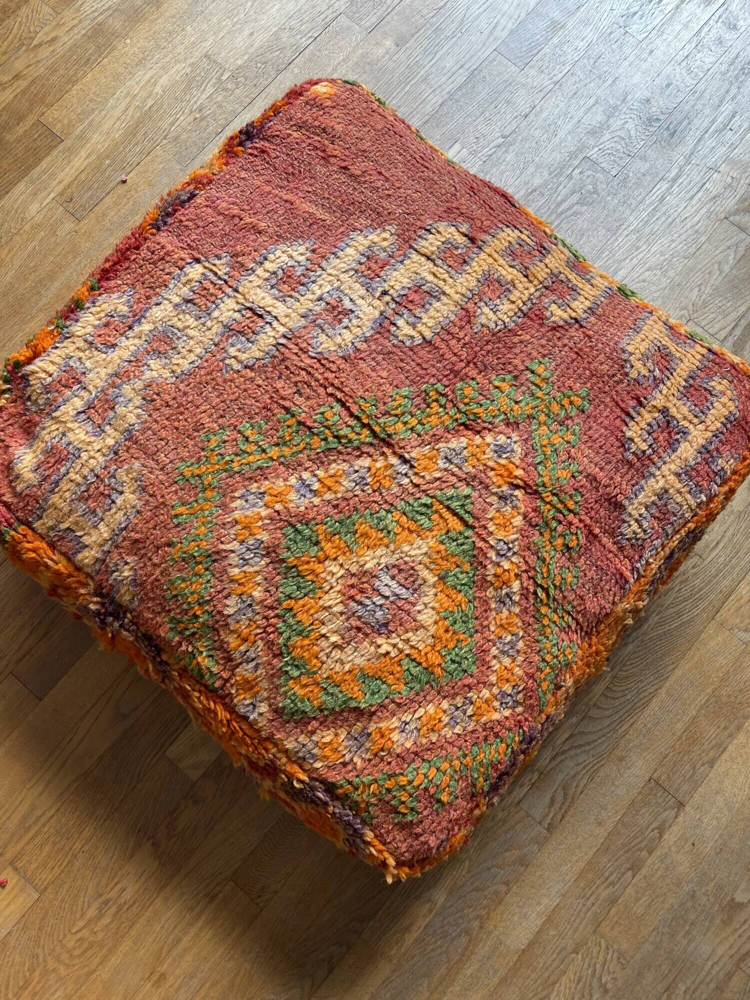 Moroccan Berber pouf colorful terracotta orange and bohemian green