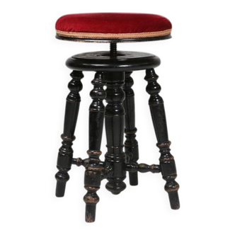 Art Deco Piano Stool in Black Lacquered Wood with Red Velvet Upholstery, Fr