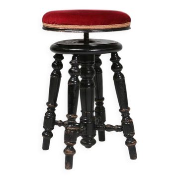 Tabouret de piano Art Déco en bois laqué noir avec rembourrage en velours rouge, Fr