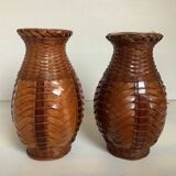 Pair of small woven vases in wicker rattan straw