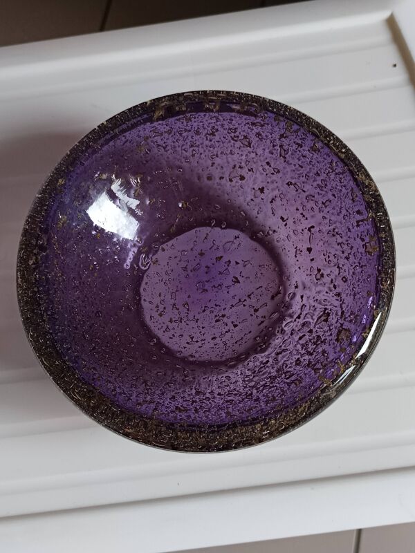 Coupe vide-poche en verre de Murano violet à aventurine – attribuée Seguso