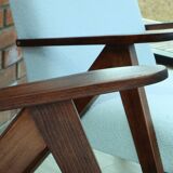 Vintage armchair mid century modern design white boucle dark walnut wood colour 1970 restored chair