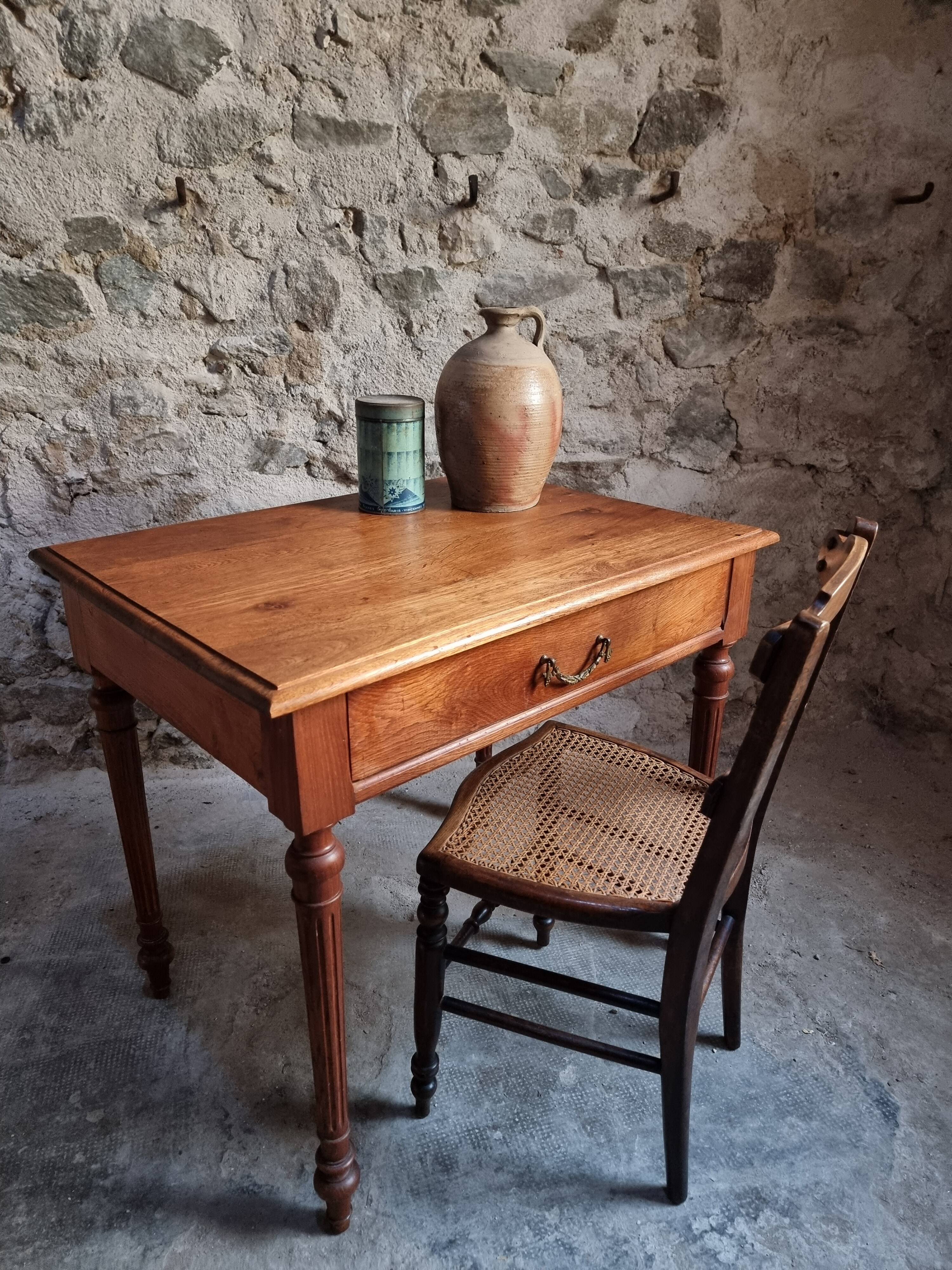 Antique oak writing table with drawer, French side table, console, solid oak desk, circa 1930–1950.