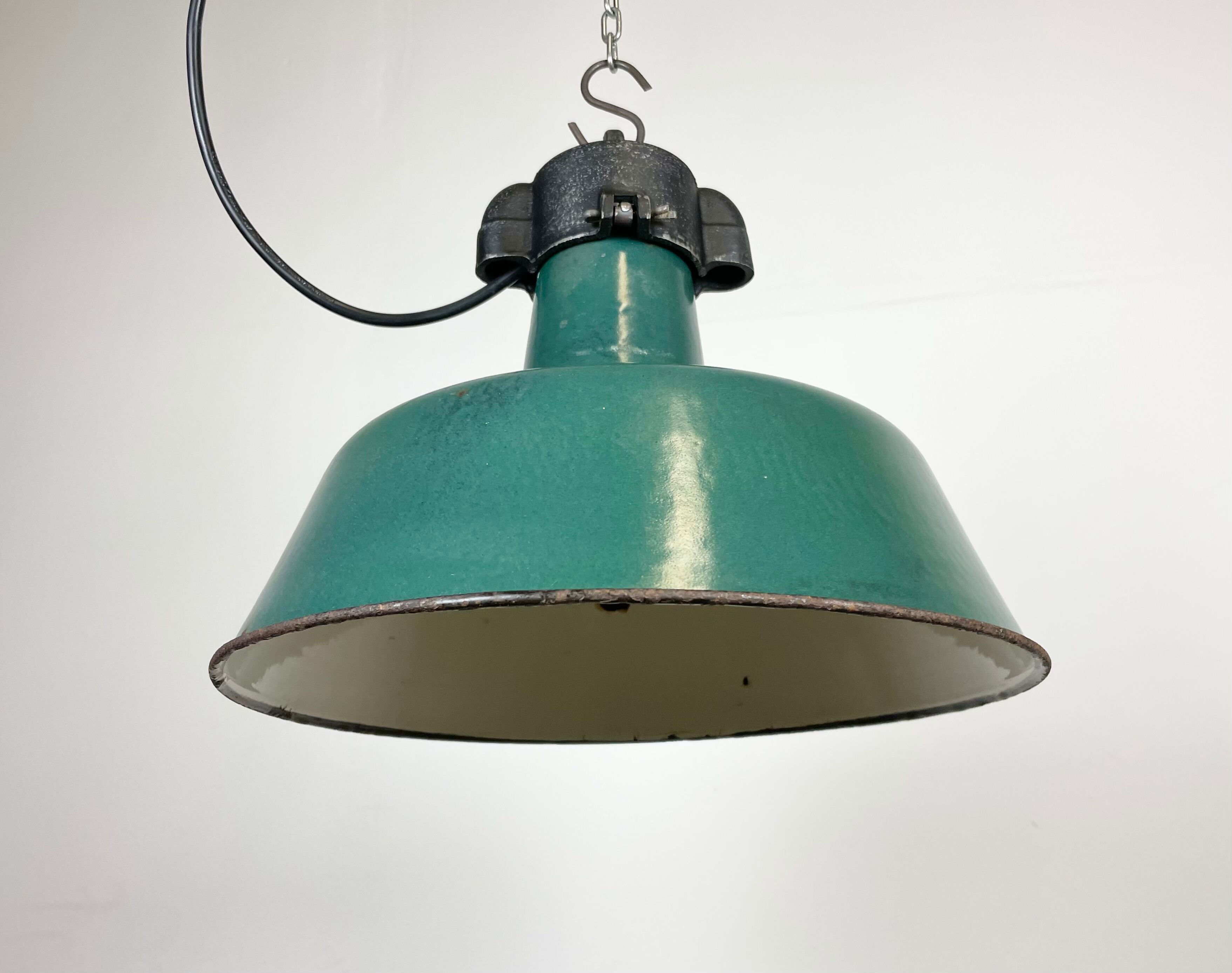 Industrial Green Enamel Factory Lamp with Cast Iron Top, 1960s