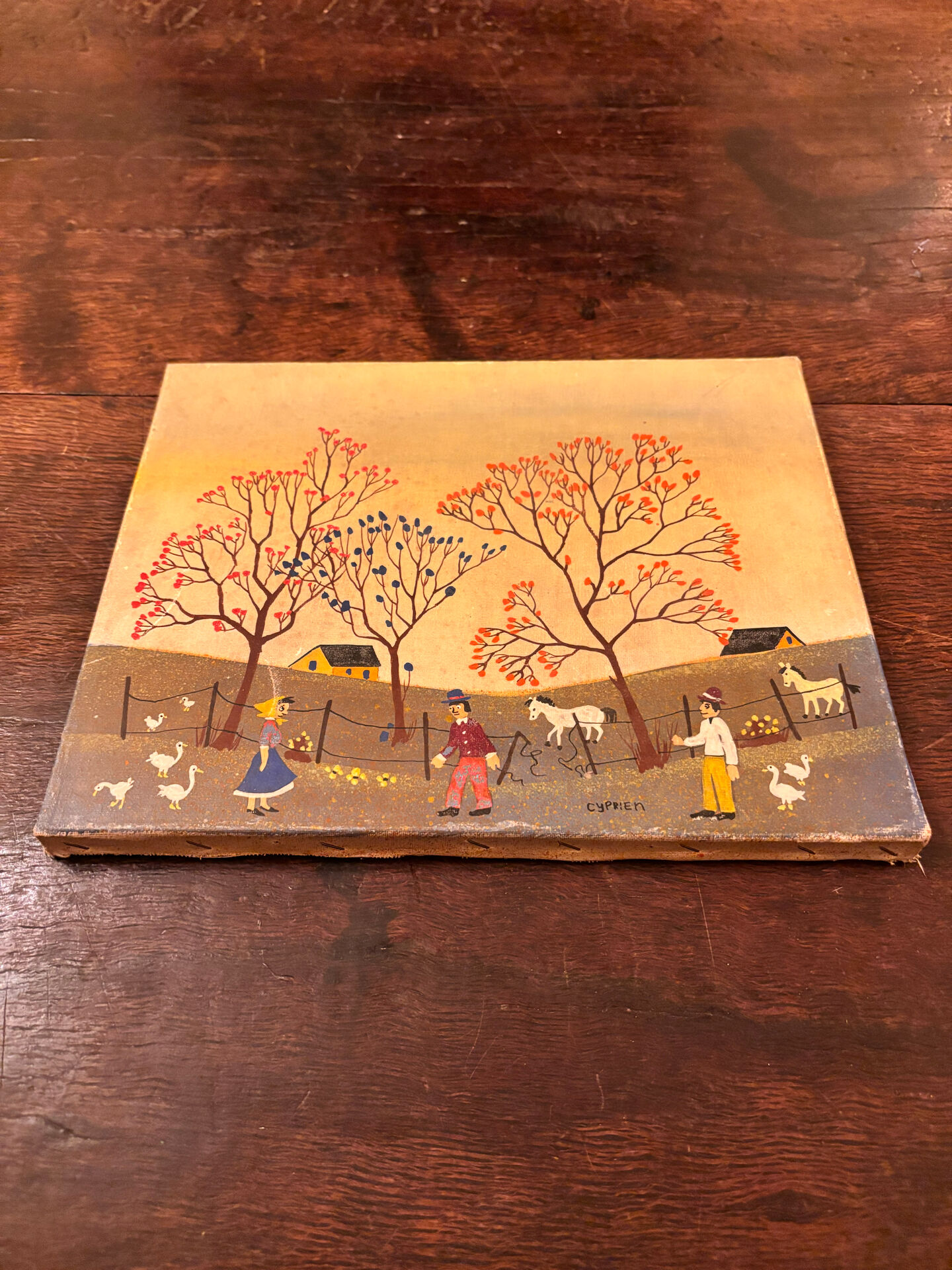 Tableau d'art naïf vintage - Scène champêtre. Art populaire
