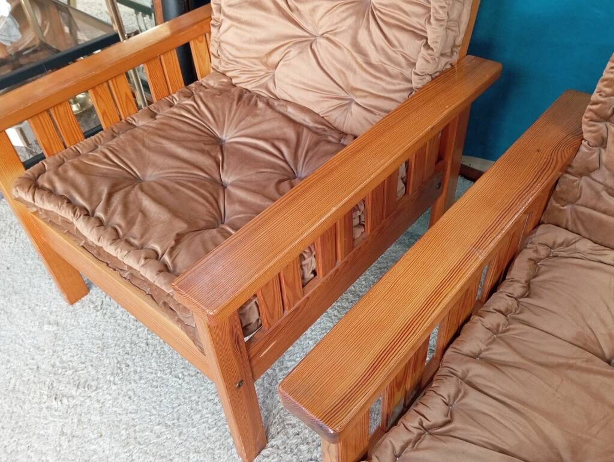 Pair of 70s pine armchairs