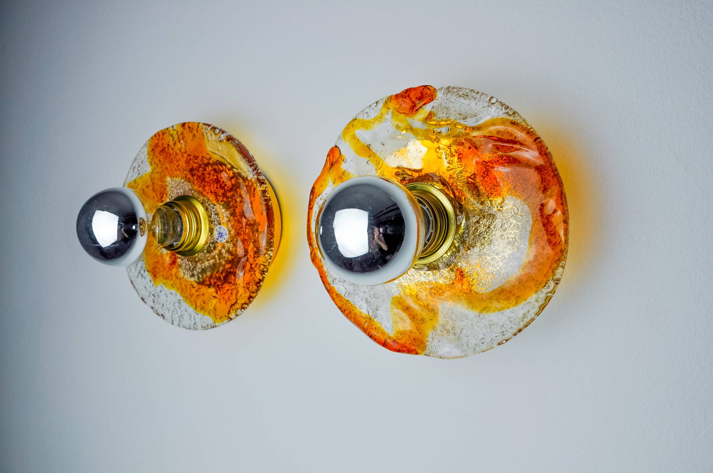 Pair of round wall lights by Murano Mazzega in orange frosted glass, Italy, 1970