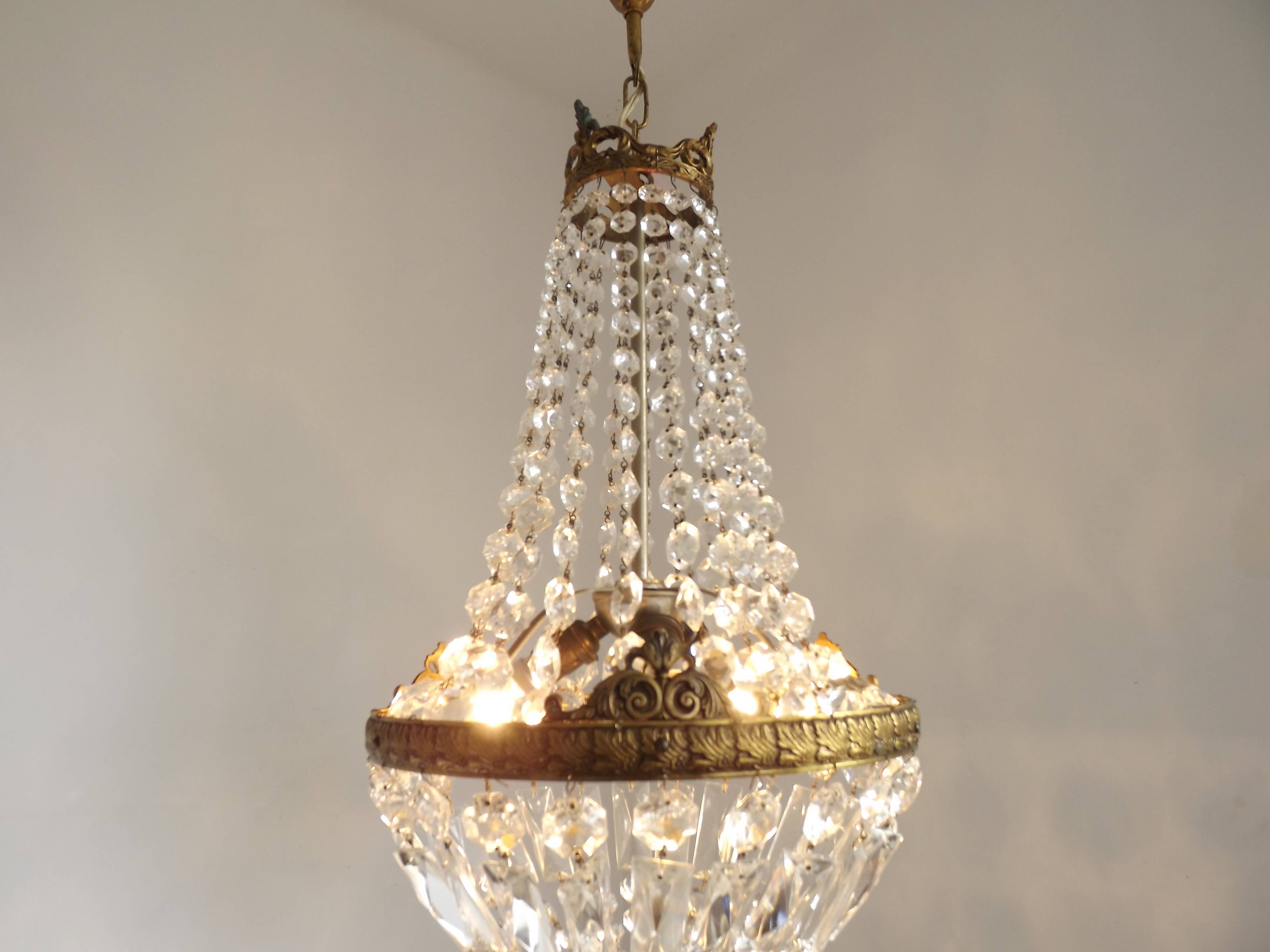 French Empire Style 3 Light Bronze Montgolfier Crystal Basket Chandelier