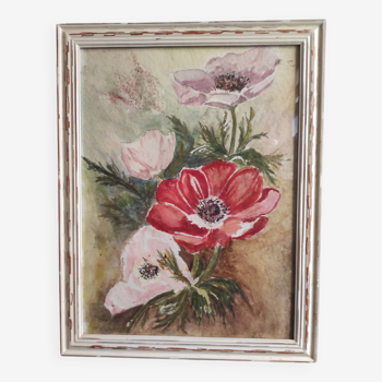 French watercolour of flowers, poppies, signed DR