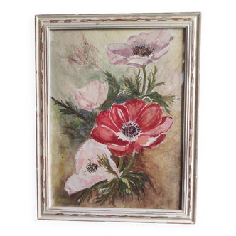 French watercolour of flowers, poppies, signed DR