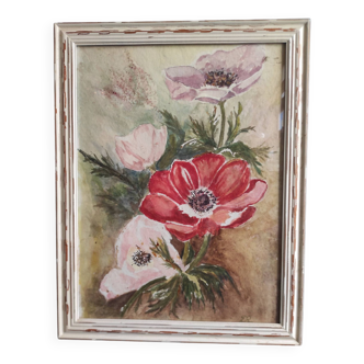 Aquarelle française de fleurs, coquelicots, signée DR