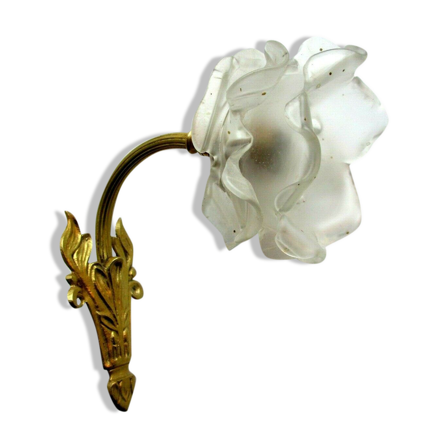 Art Deco art brass carved with acanthus, pink tulip in colorless glass