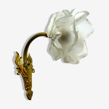 Art Deco art brass carved with acanthus, pink tulip in colorless glass