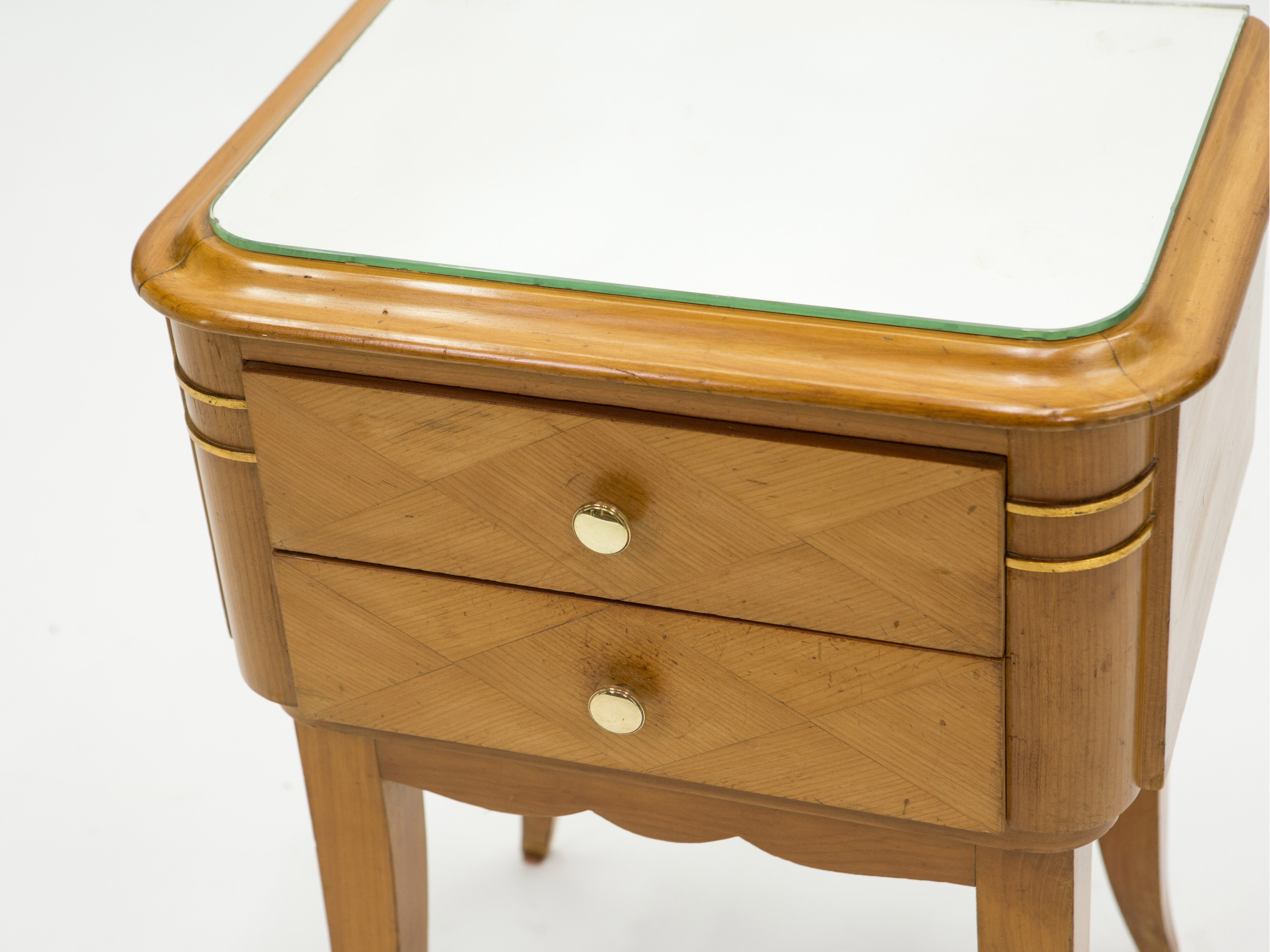 Pair of bedsides in sycamore brass mirror by Jean Pascaud 1940
