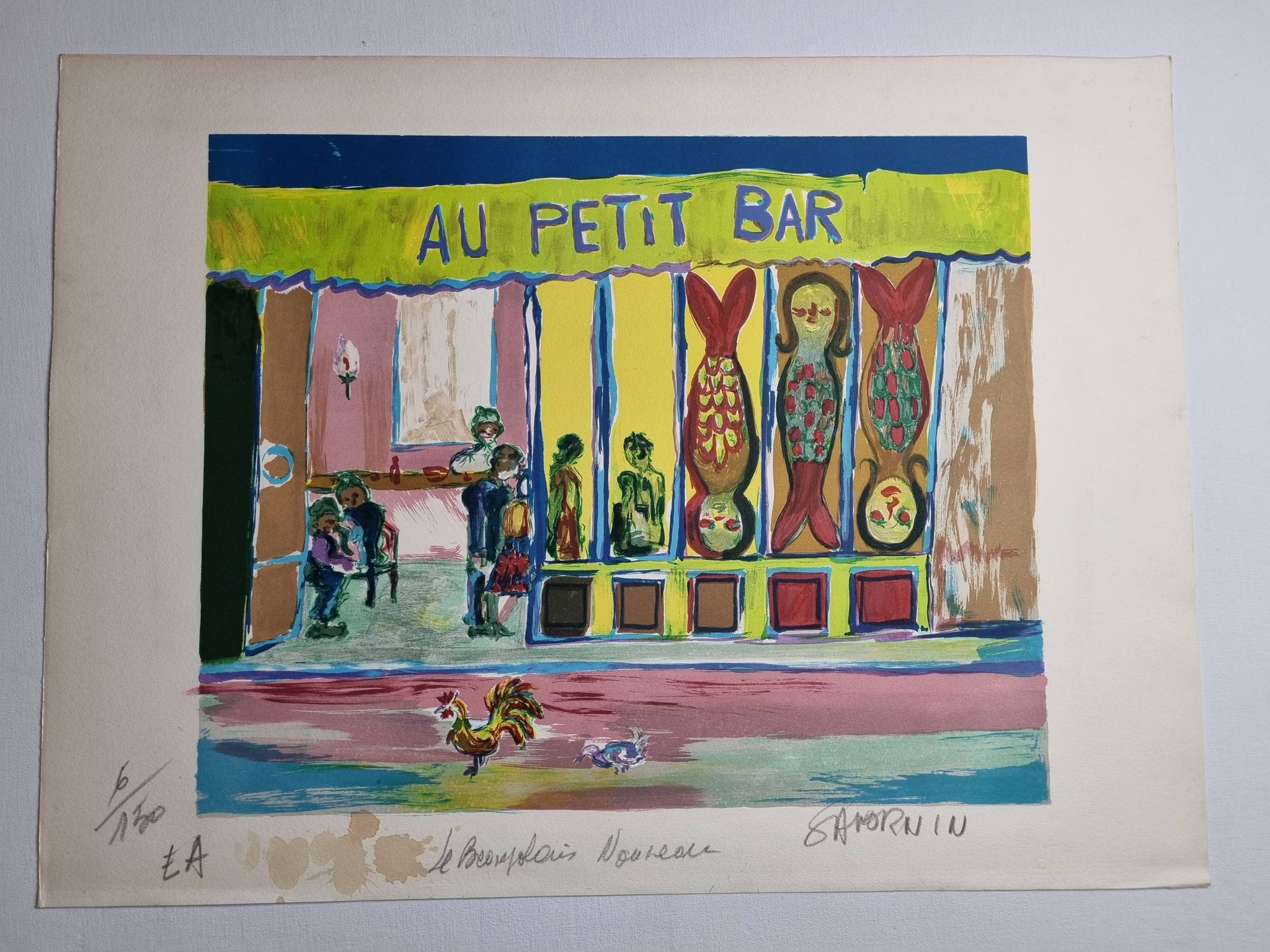 Lithograph, at the little bar, Beaujolais Nouveau, artist's proof, numbered signed, 76 x 55 cm