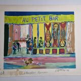 Lithograph, at the little bar, Beaujolais Nouveau, artist's proof, numbered signed, 76 x 55 cm