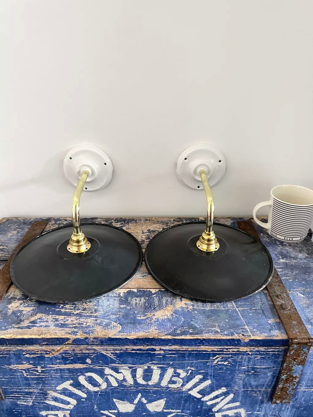 Set of two new electrified anthracite enamelled sheet wall lamps