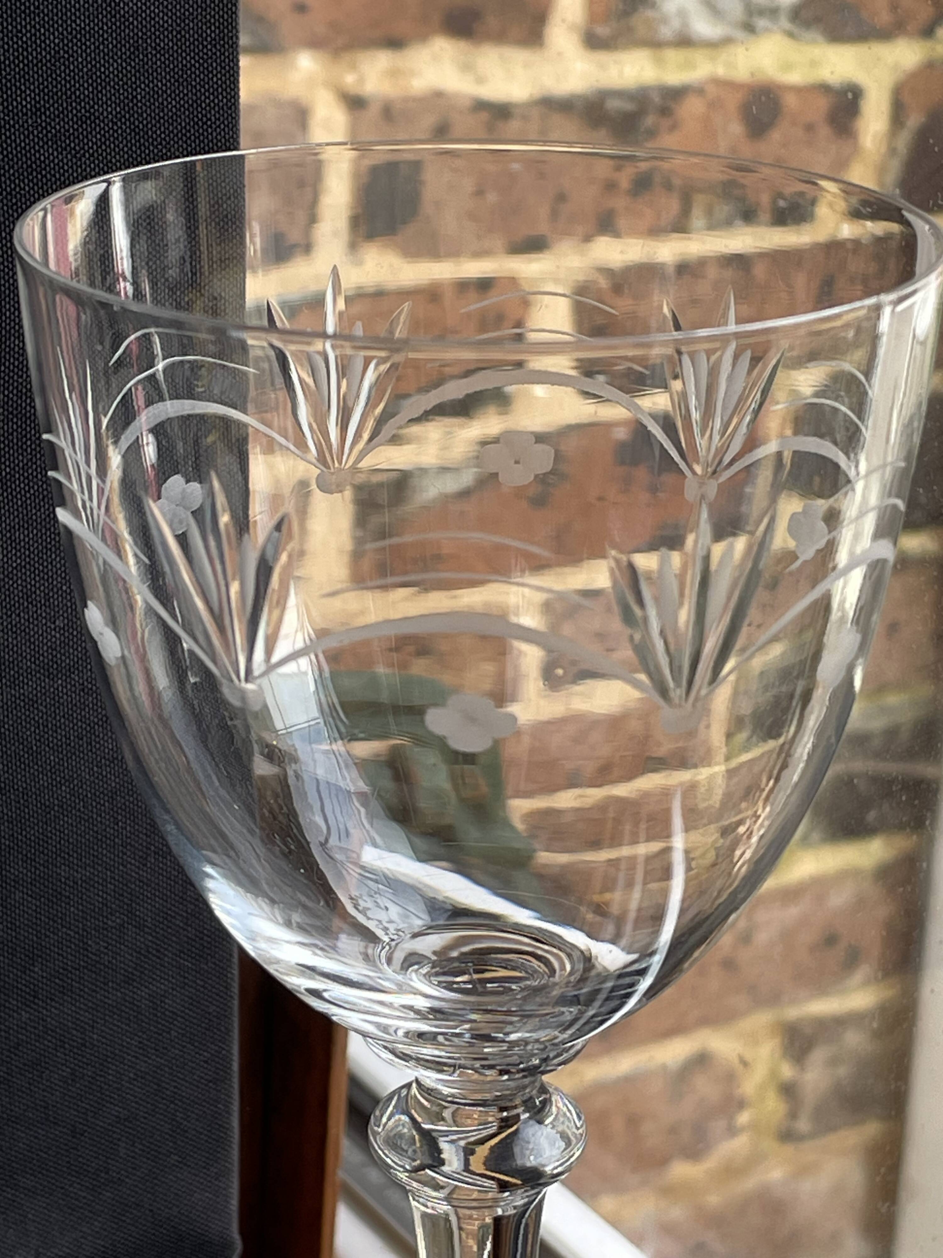5 blown, cut and engraved crystal wine glasses