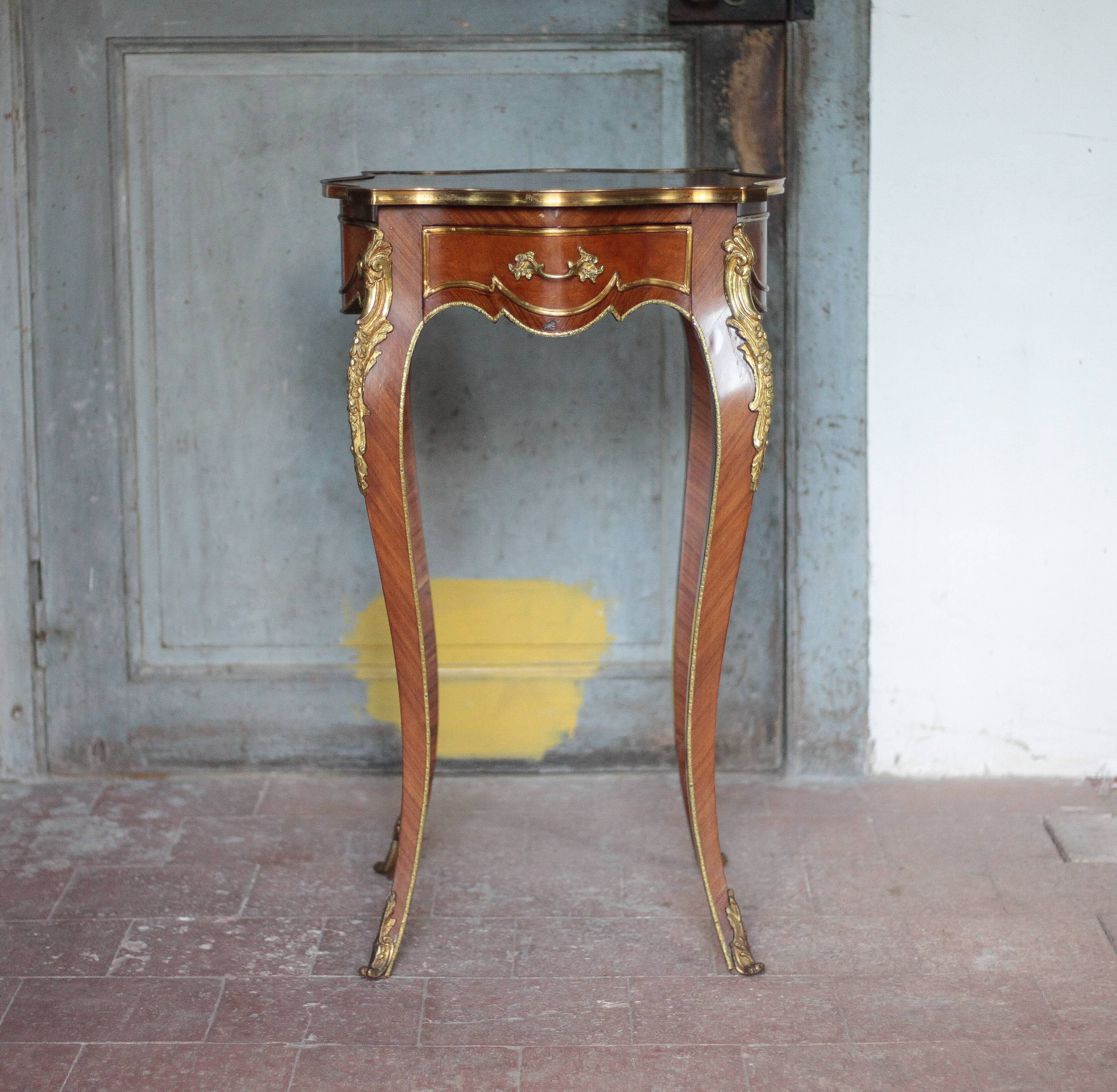 Wooden bedside table with marquetry and bronze, side table with curved legs