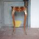 Wooden bedside table with marquetry and bronze, side table with curved legs
