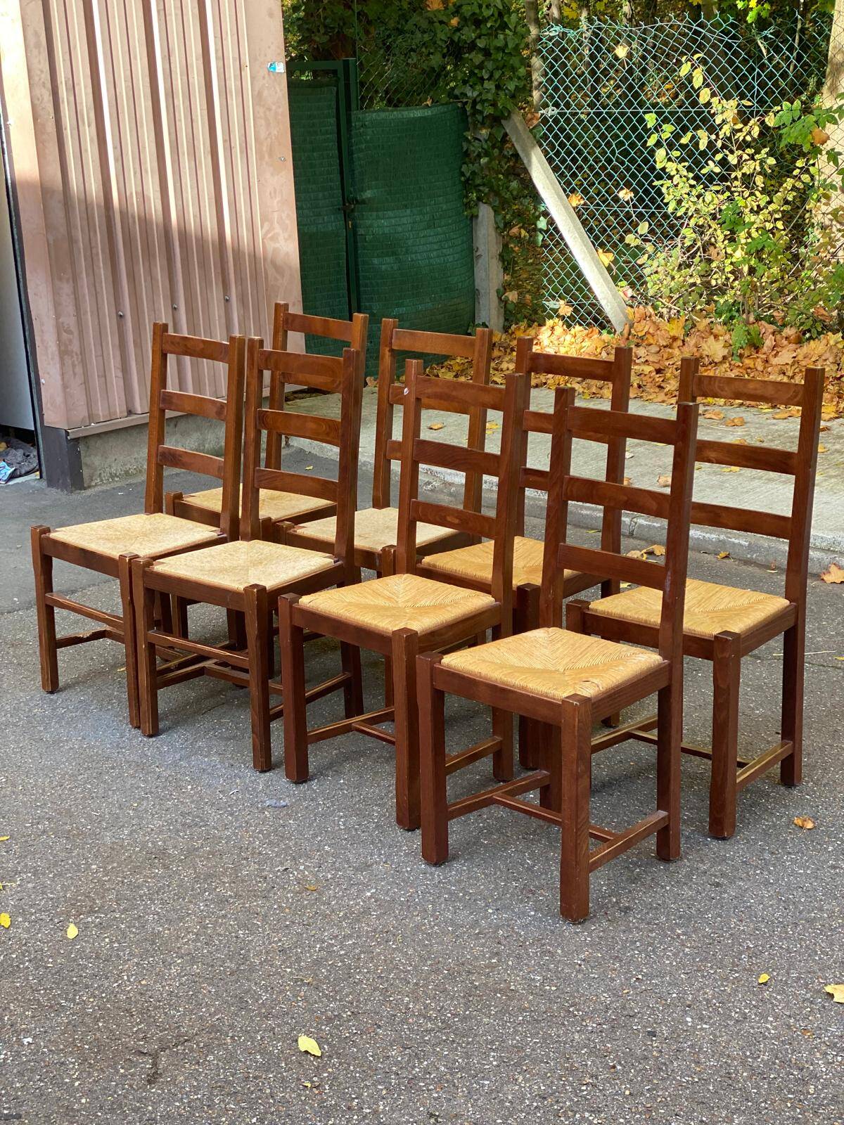 8 solid wood dining chairs with straw seats, farmhouse style