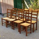 8 solid wood dining chairs with straw seats, farmhouse style