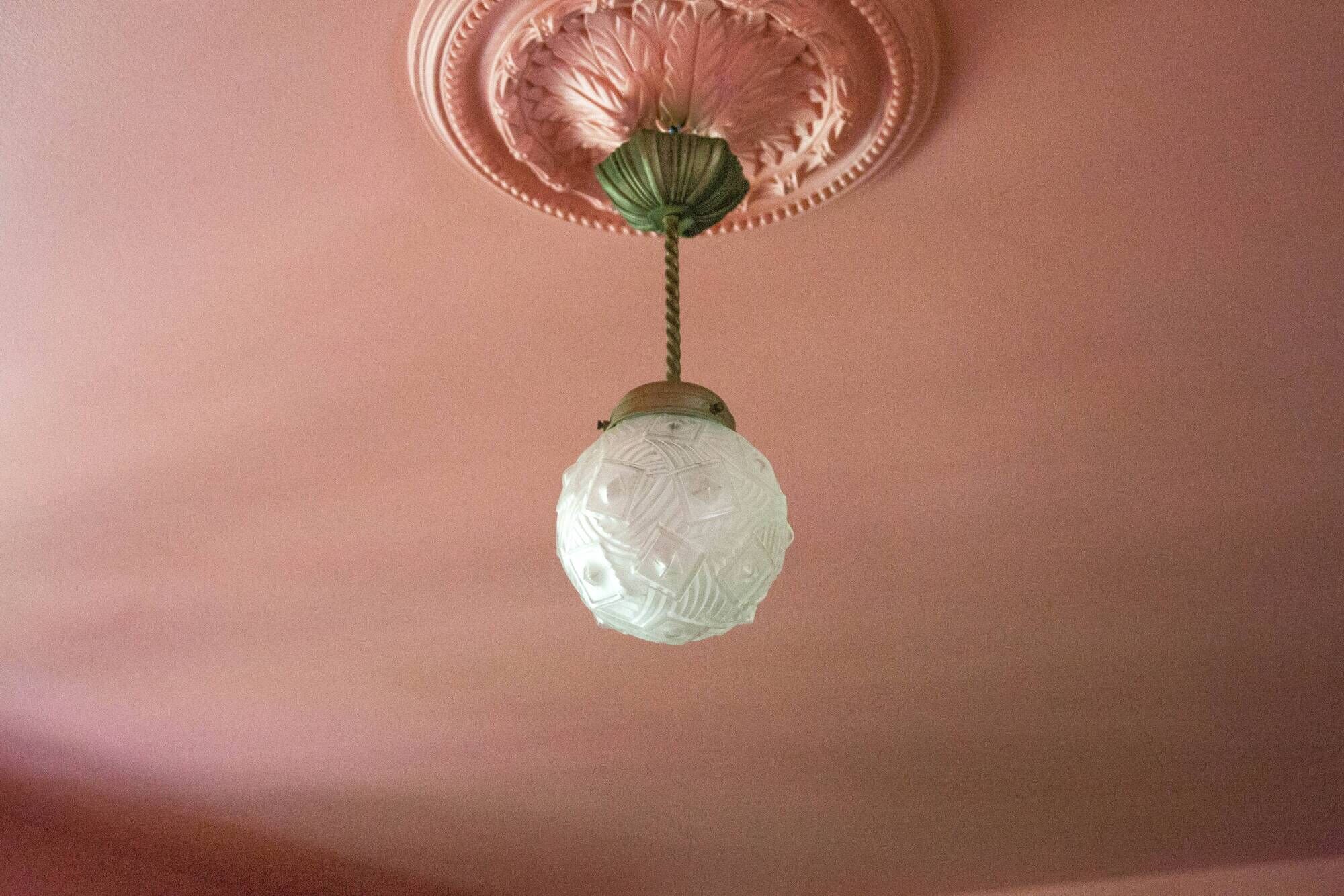 Art deco pendant lamp, art deco molded glass ball suspension, ceiling lamp, 30's