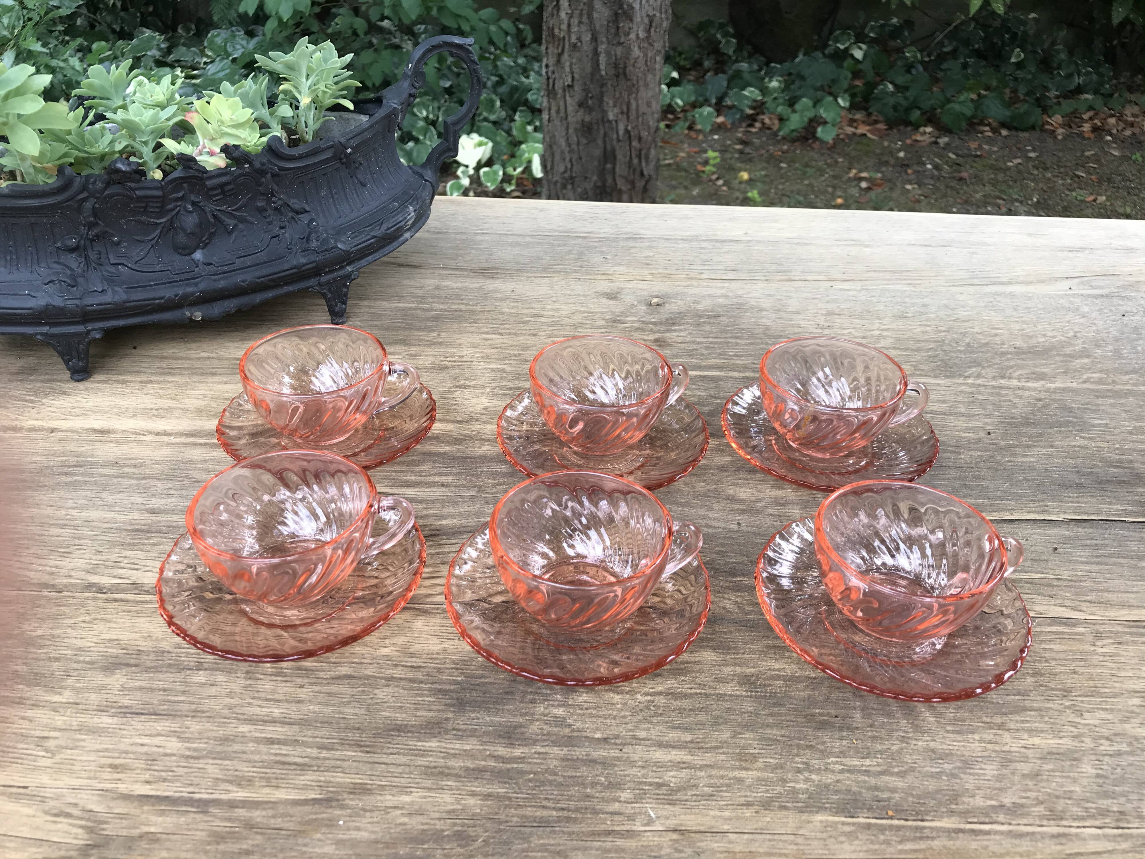 6 cups and under Vintage pink glass Arcoroc cups