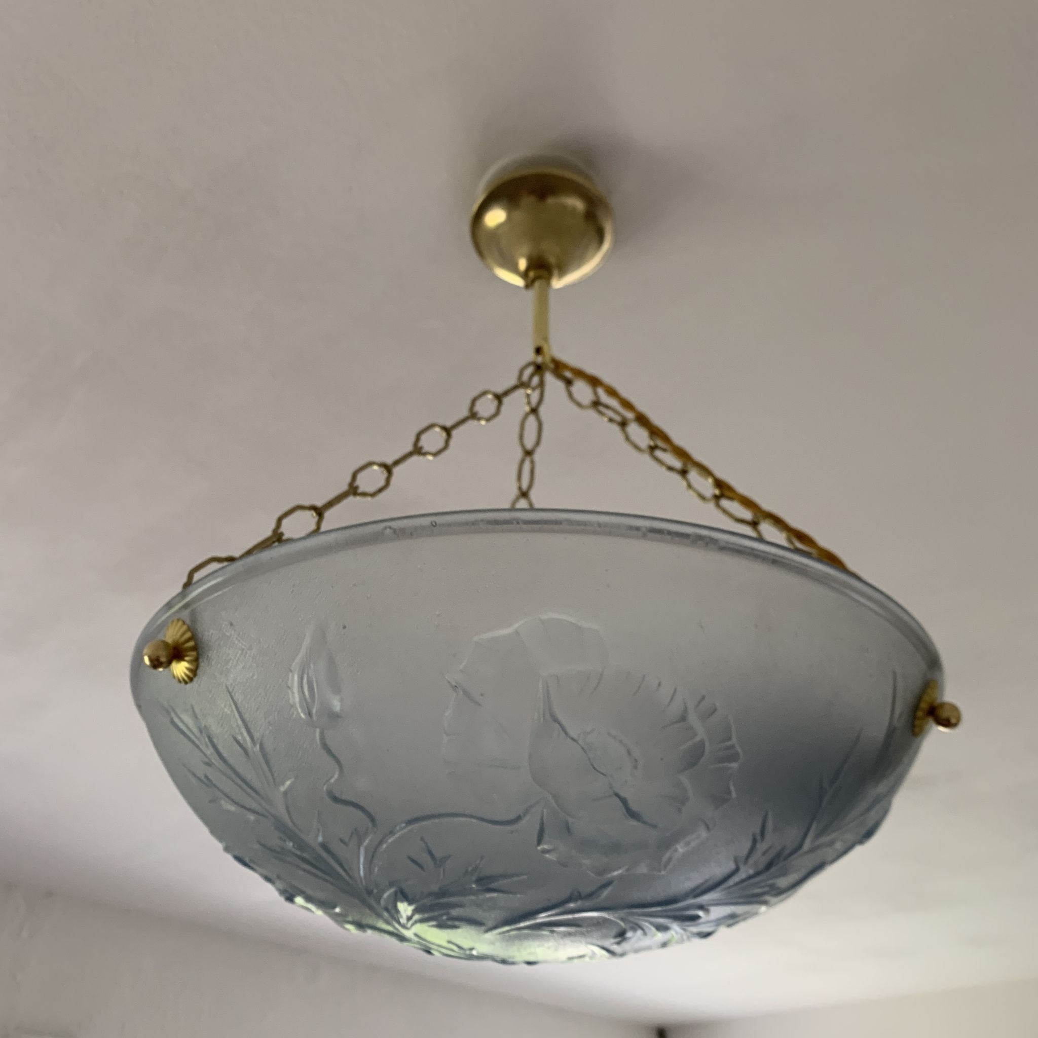 Art Deco vasque in glass pressed blue floral decoration France 1930