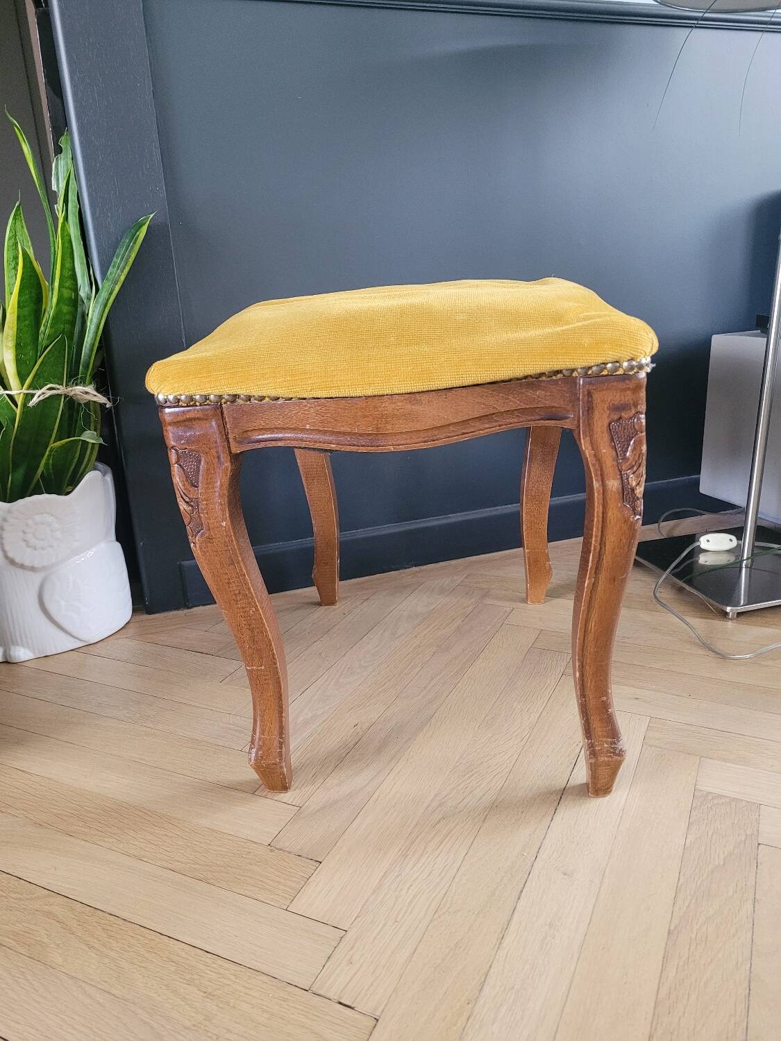 Antique wooden and velvet ottoman stool