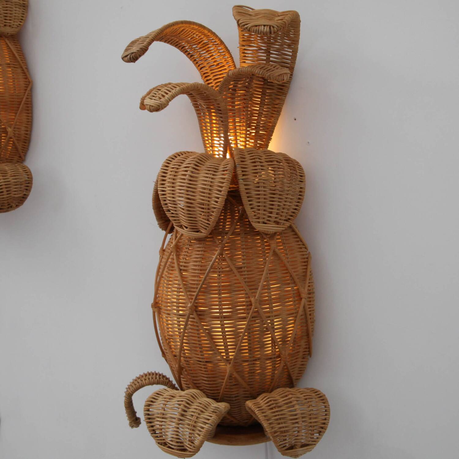 Pair of "pineapple" wall lights in rattan