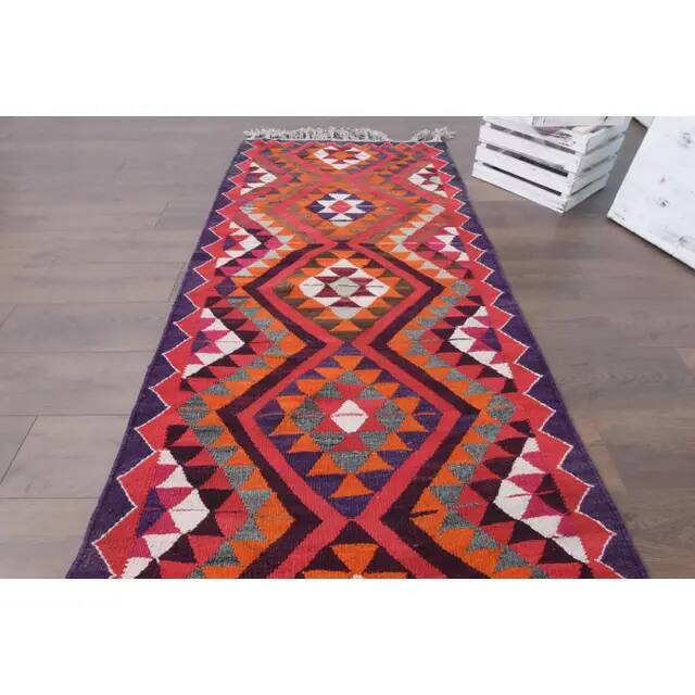 1970s Vintage Turkish Hand-Knotted Wool Cotton Pink Runner Rug 91x340