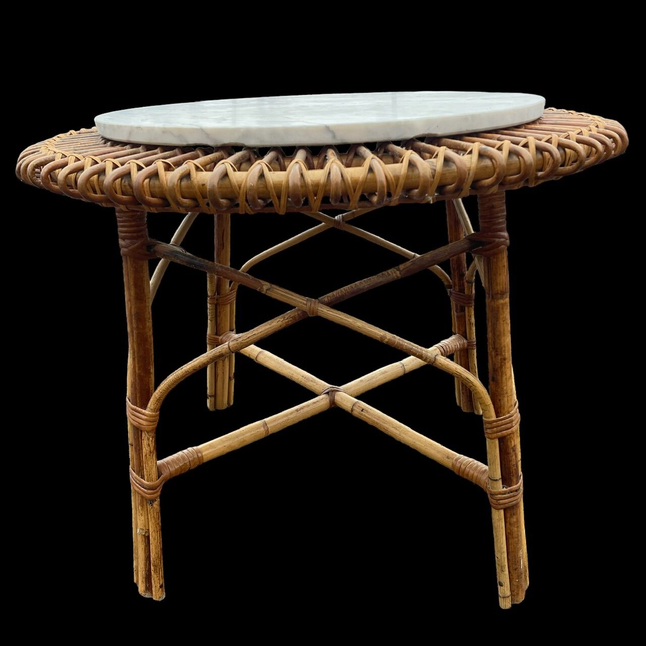 Sun coffee table in rattan and marble from the 50s