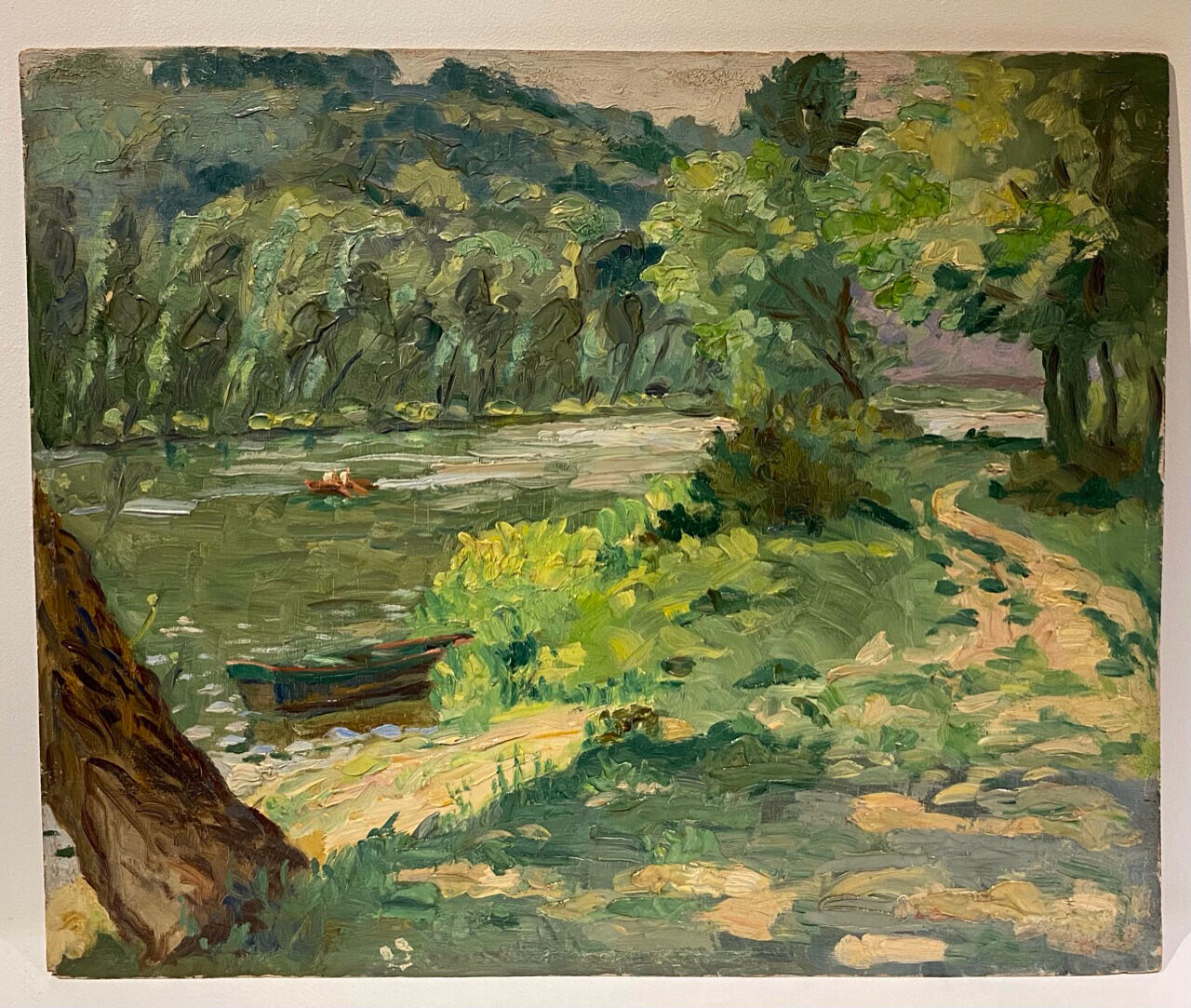 Tableau ancien, paysage, bord de rivière, années 50/60
