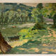 Tableau ancien, paysage, bord de rivière, années 50/60