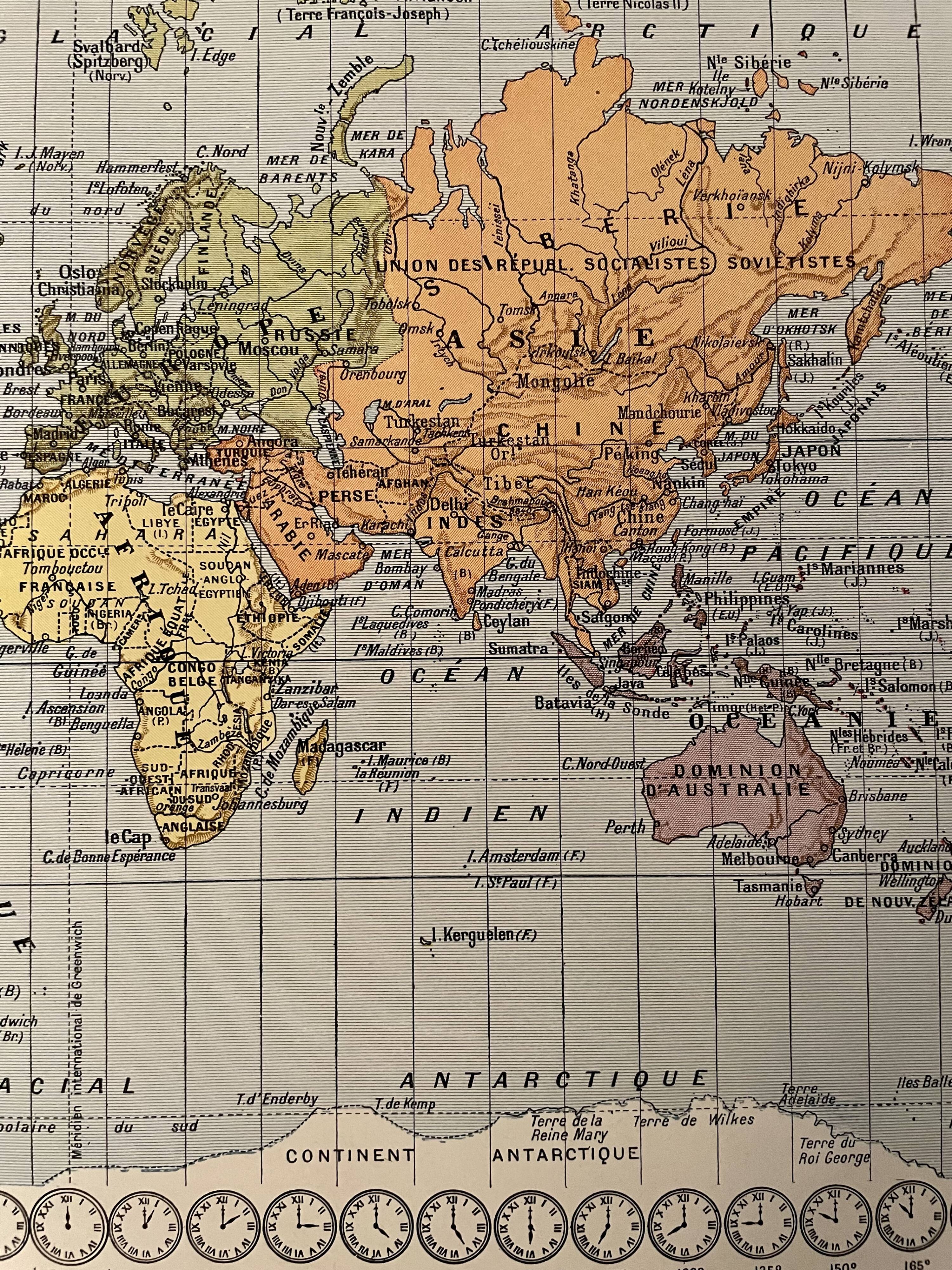 Lithographie planisphère carte de la Terre de 1928