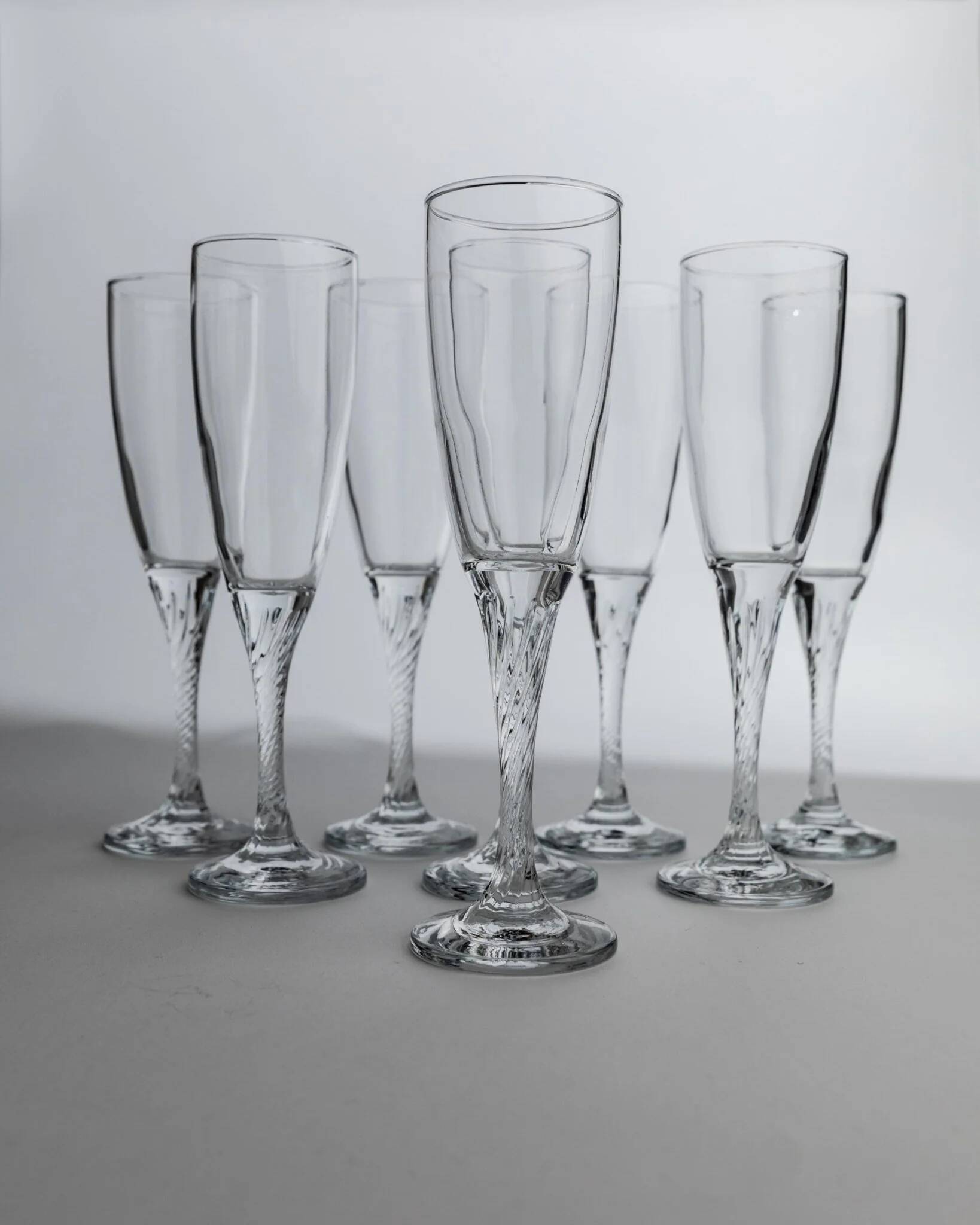 Clear Glass Champagne Flutes, Vintage 1980s, Set of 8 with Swirled Stems