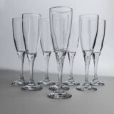 Clear Glass Champagne Flutes, Vintage 1980s, Set of 8 with Swirled Stems