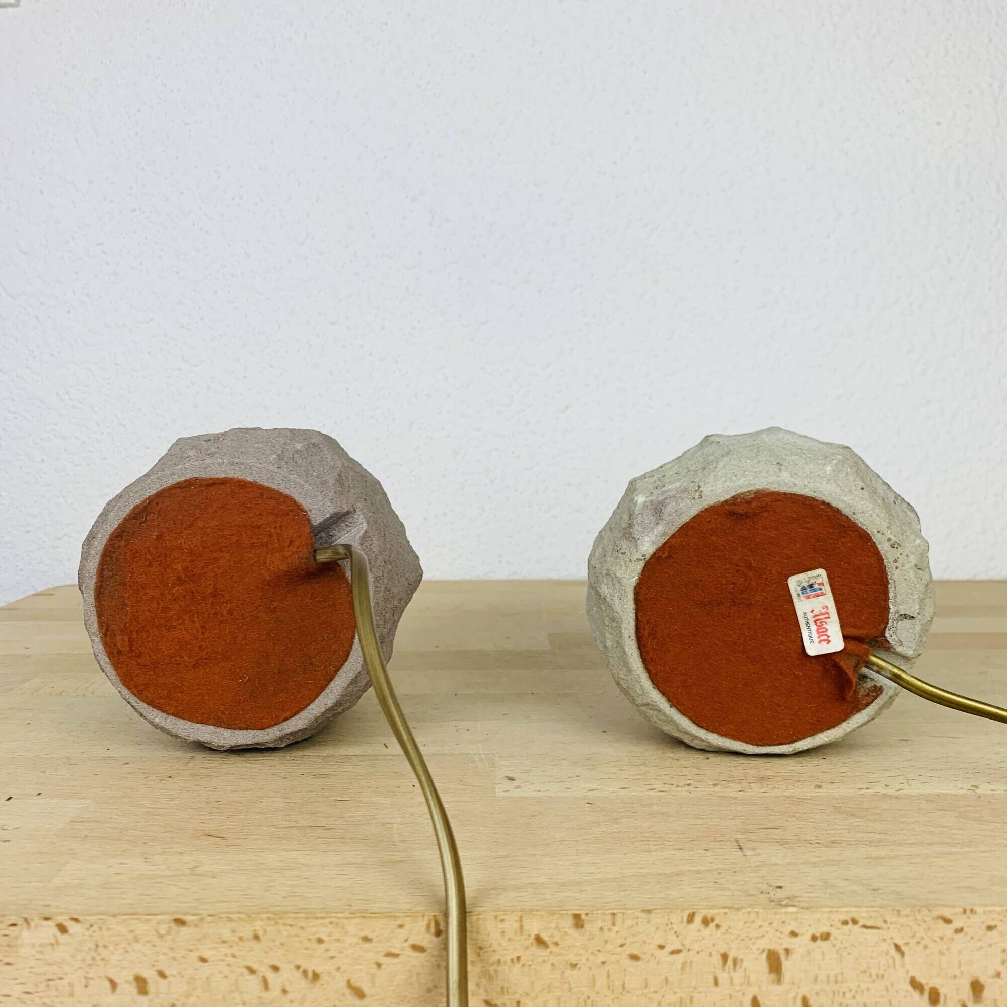 Pair of brutalist lamps in pink stoneware and wool lampshade, 1970