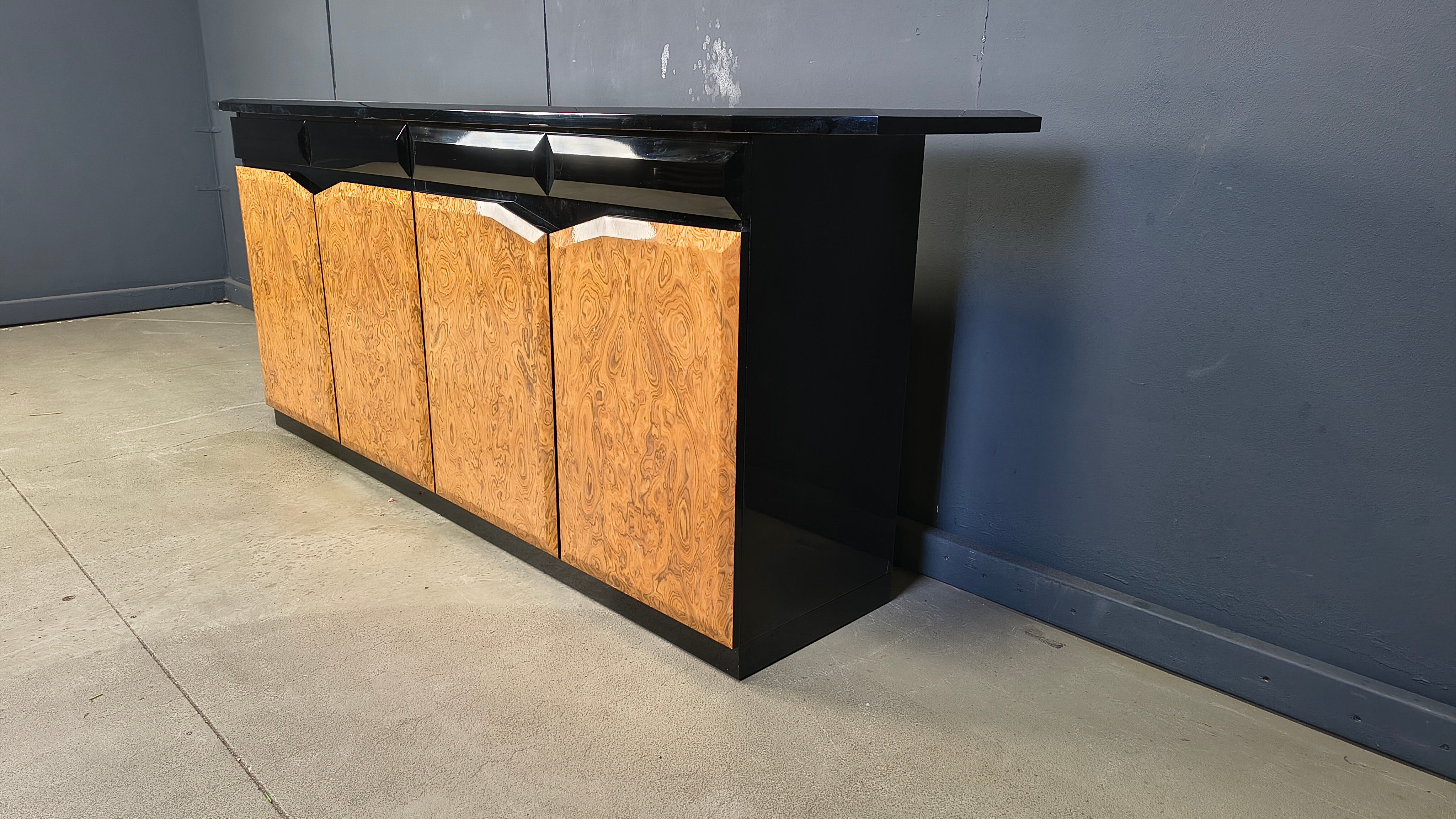 Vintage lacquer and burl wood credenza, 1980s