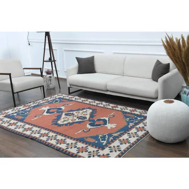 1970s Vintage Turkish Handmade Wool & Cotton Orange Area Rug 178x236