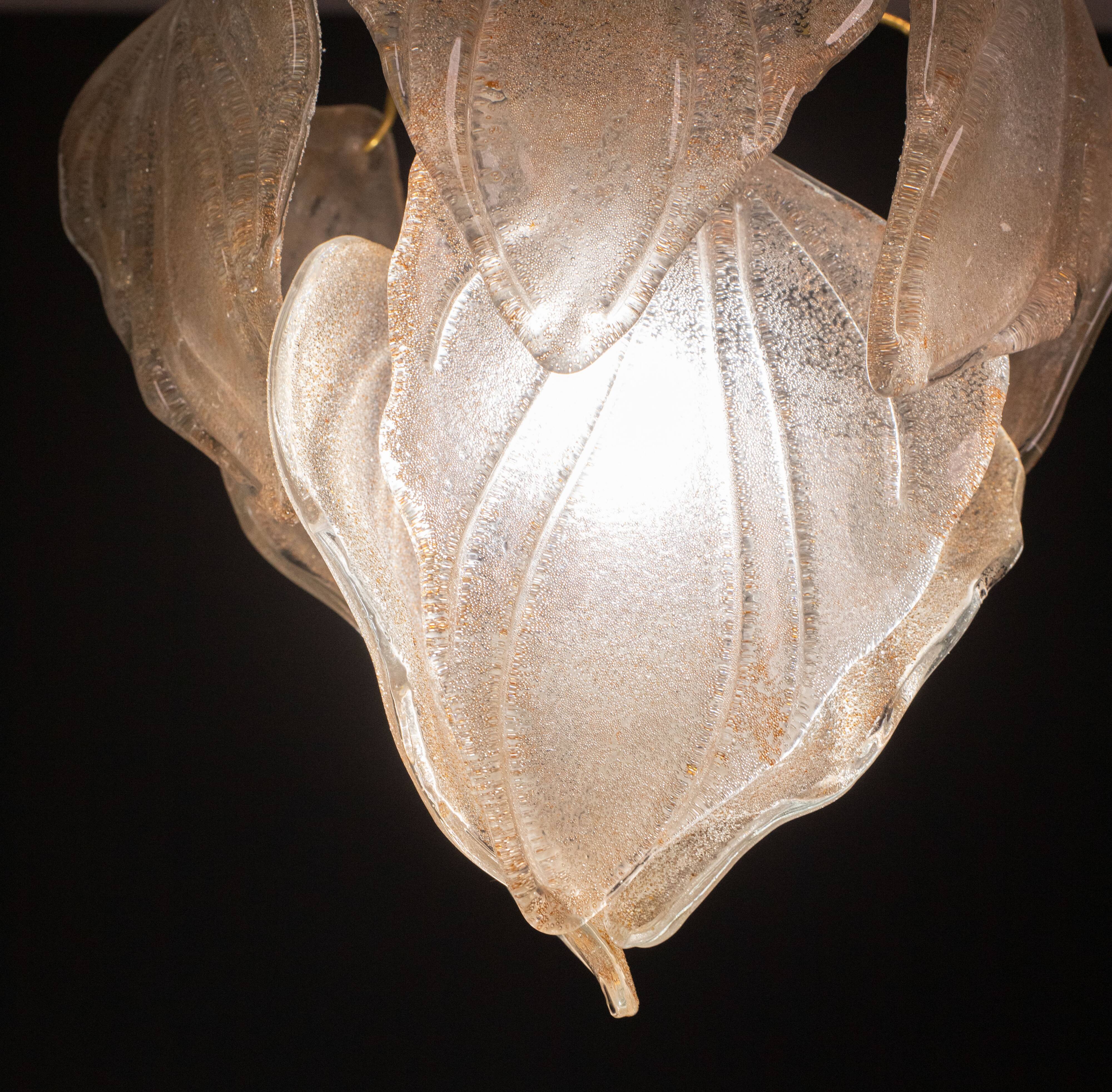 Gorgeous vintage Murano chandelier with leaves of orange and pink highlights