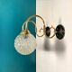 Pair of old swan neck wall lights in brass and transparent glass globe