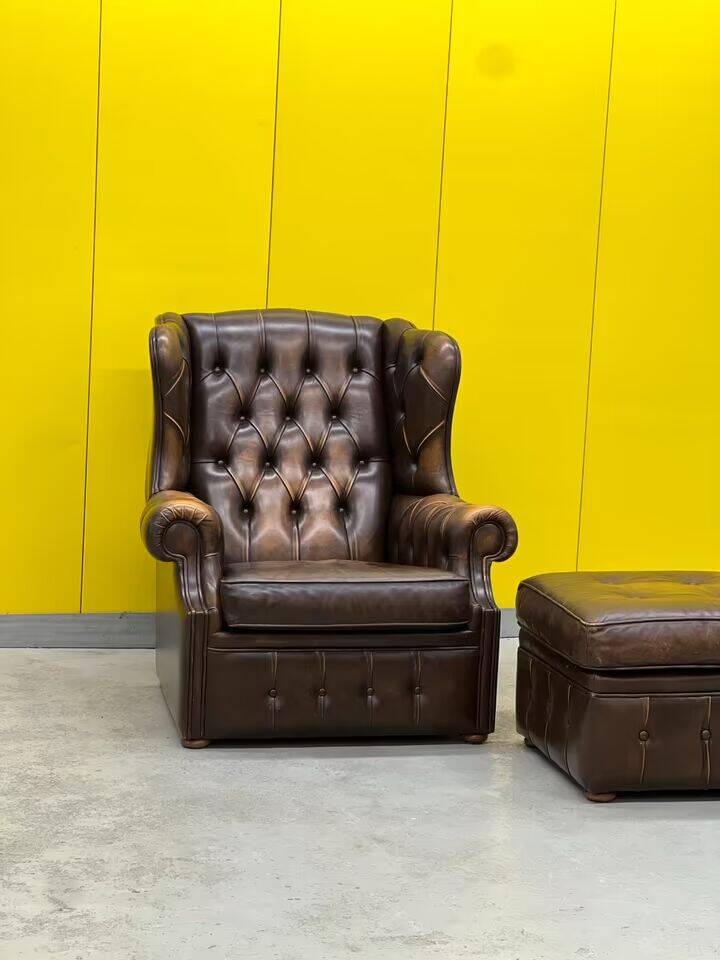 Brown leather chesterfield wing chair with Ottoman