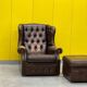 Brown leather chesterfield wing chair with Ottoman
