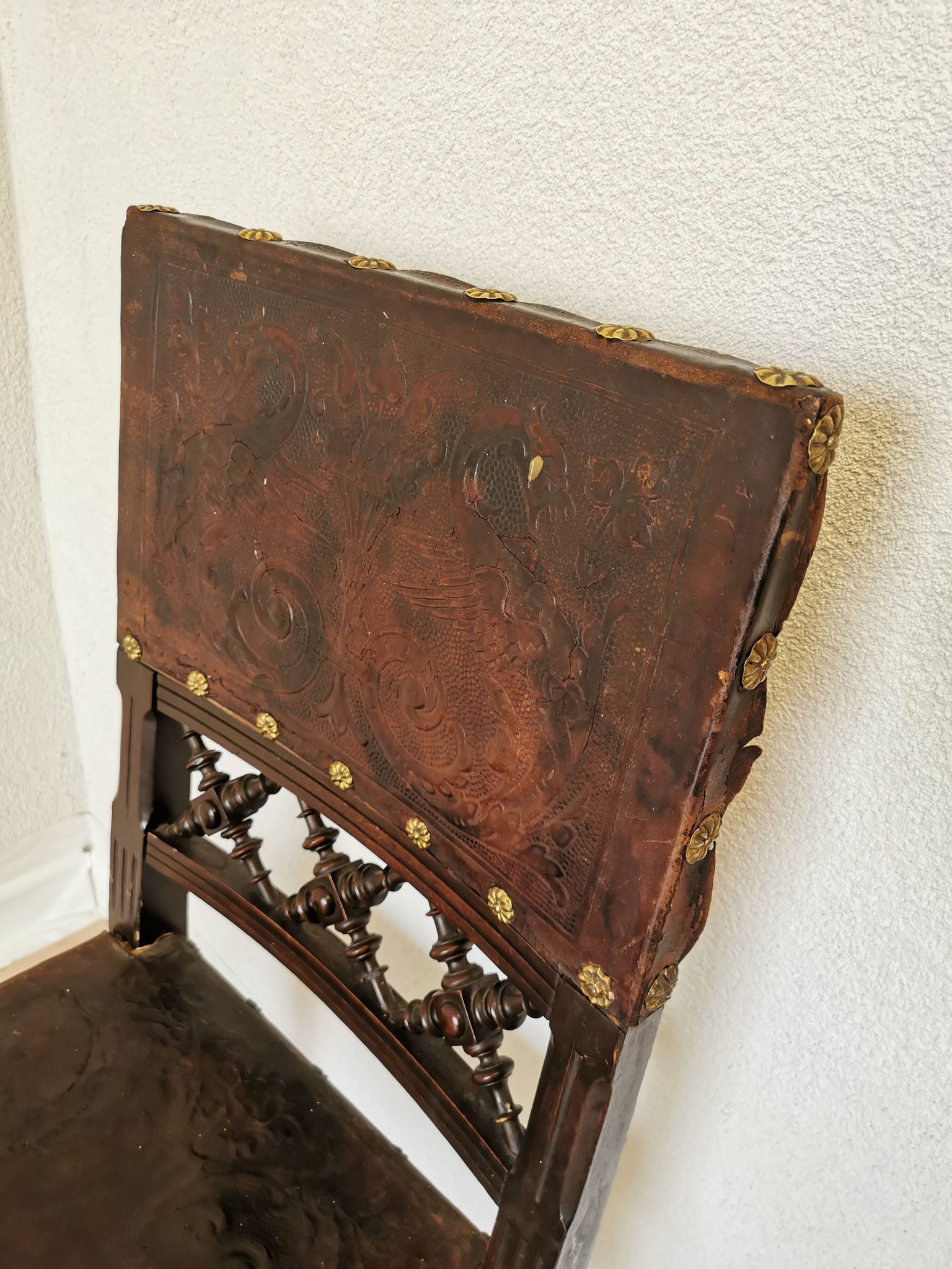 Antique 1930s Leather Dining Chair: Carved Wood Base, Metal Accents