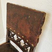 Antique 1930s Leather Dining Chair: Carved Wood Base, Metal Accents