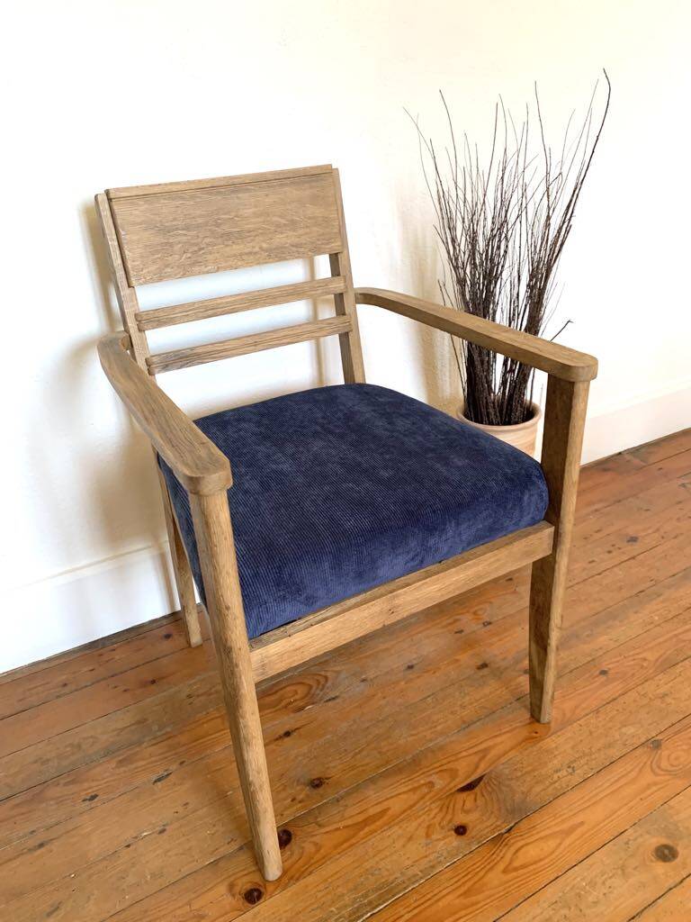 Art Deco armchair in solid wood and blue corduroy fabric