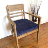 Art Deco armchair in solid wood and blue corduroy fabric